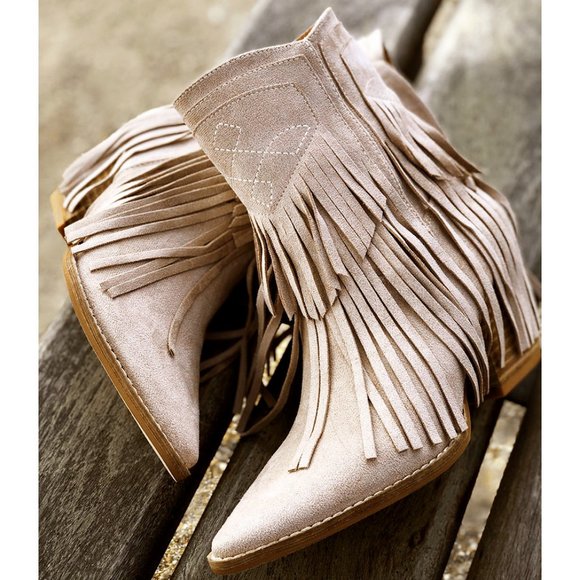Fringe Tassel Faux Suede Pointy Toe Block Heel Western Booties Boots Taupe - Picture 2 of 13